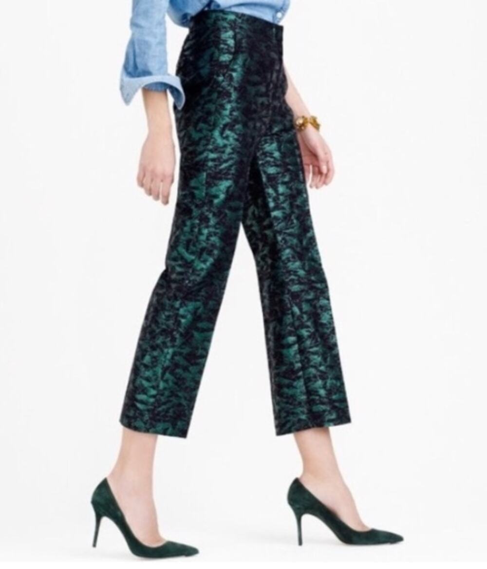 J. Crew Jacquard Patio Pants Womens Size 0 Evergreen Metallic Pants
